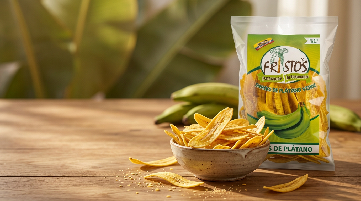 Bolsa FRISTOS Snacks de Plátano Verde sobre mesa de madera junto a un bowl artesanal lleno de chips de plátano dorados, con hojas de plátano desenfocadas al fondo